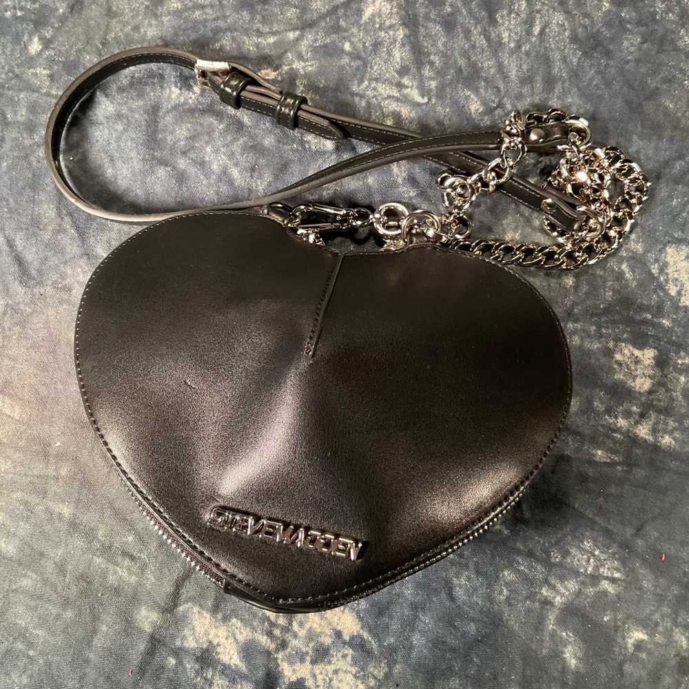 Steve Madden black shoulder strap heart shape purse with studs. - Picture 5 of 8